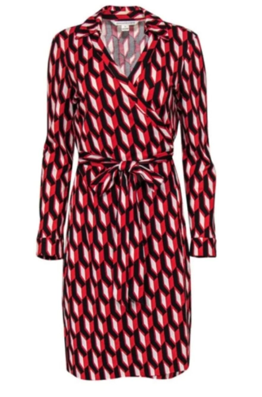 Diane von Furstenberg DVF Sz 0 Jeanne Two Wrap Dress Red/Black Geometric